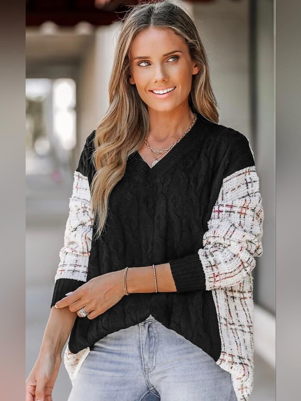 Buckle Black Patchwork Over Sized V Neck Sweater Large